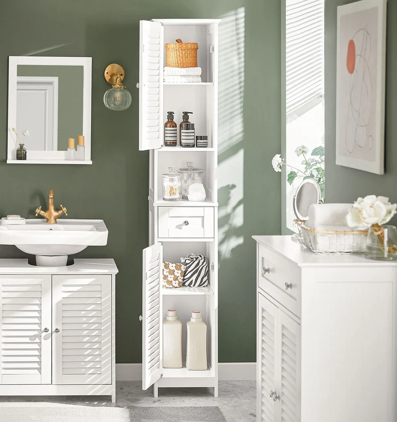 SoBuy FRG236-W Armario alto de Baño 2 puertas y 1 cajón Blanco