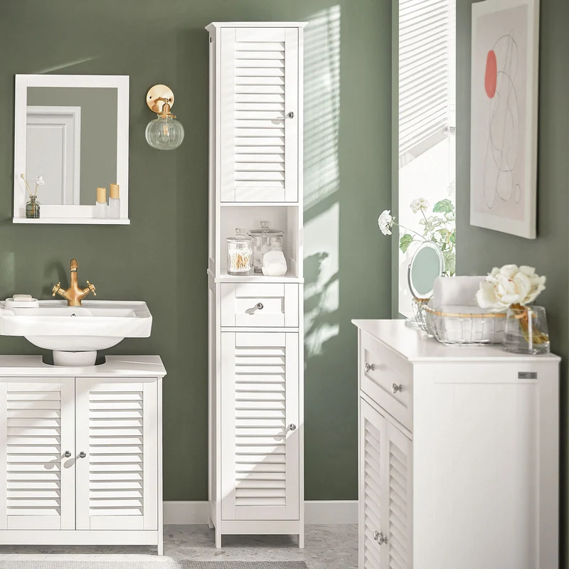 SoBuy FRG236-W Armario alto de Baño 2 puertas y 1 cajón Blanco