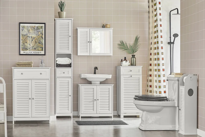 SoBuy FRG236-W Armario alto de Baño 2 puertas y 1 cajón Blanco