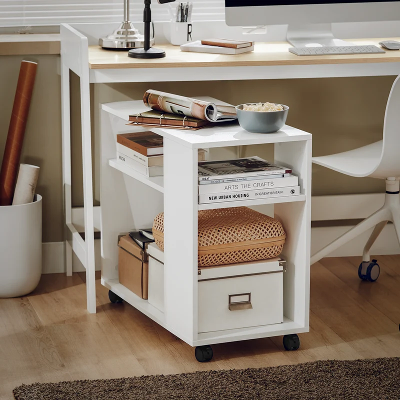 SoBuy FBT34-W Mesa Auxiliares de Salón con 4 Ruedas y 2 Estantes Blanco