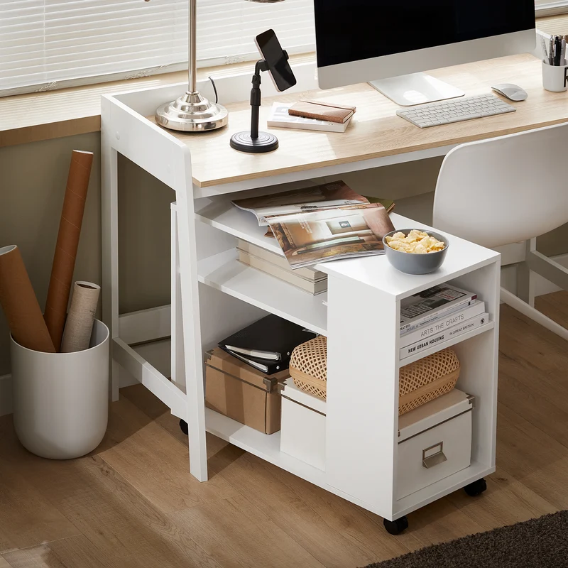 SoBuy FBT34-W Mesa Auxiliares de Salón con 4 Ruedas y 2 Estantes Blanco