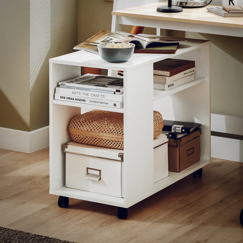 SoBuy FBT34-W Mesa Auxiliares de Salón con 4 Ruedas y 2 Estantes Blanco