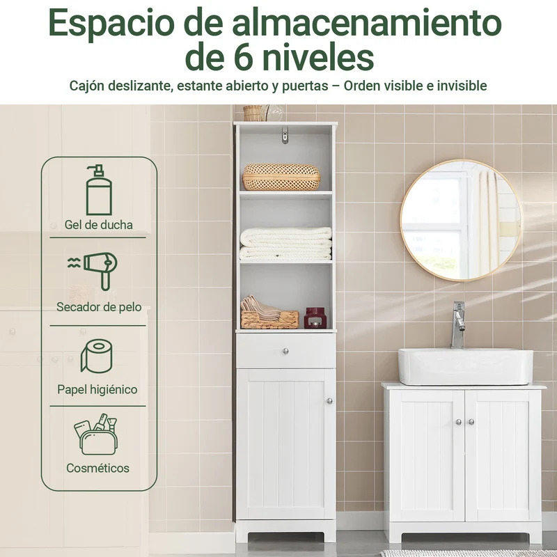 SoBuy BZR17-W Mueble Columna de Baño con 1 puerta y 3 estantes y 1 cajón Blanco