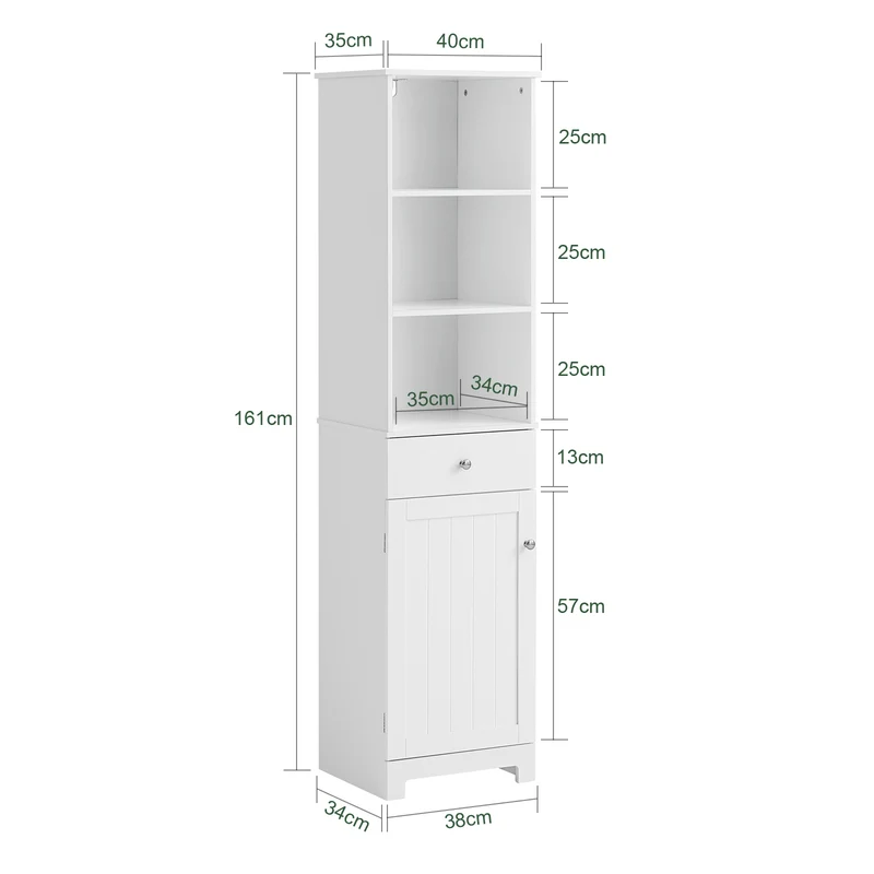 SoBuy BZR17-W Mueble Columna de Baño con 1 puerta y 3 estantes y 1 cajón Blanco