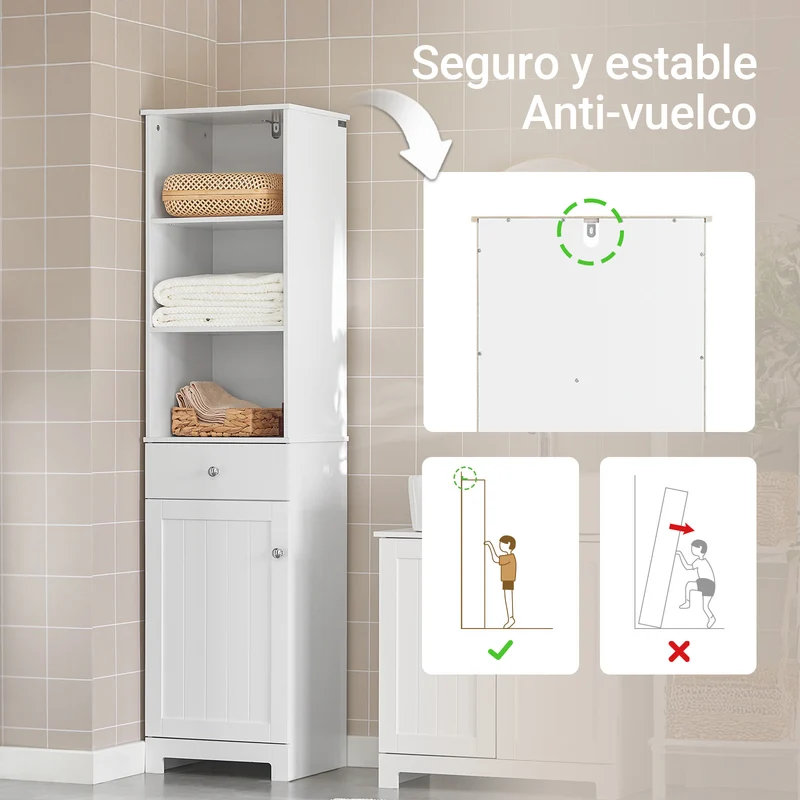 SoBuy BZR17-W Mueble Columna de Baño con 1 puerta y 3 estantes y 1 cajón Blanco