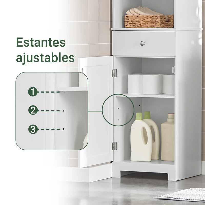 SoBuy BZR17-W Mueble Columna de Baño con 1 puerta y 3 estantes y 1 cajón Blanco