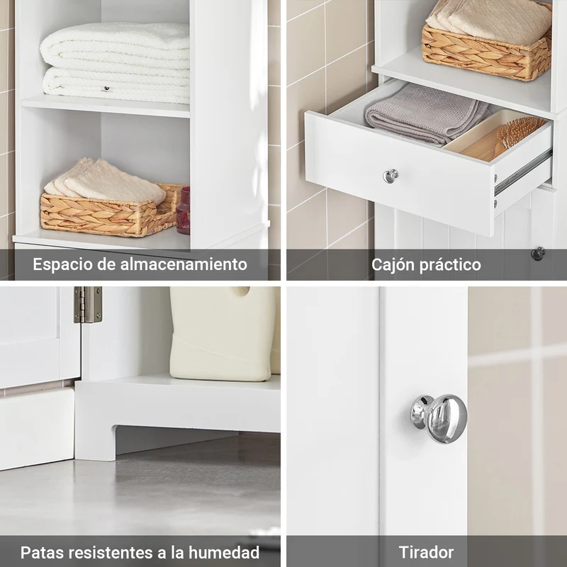 SoBuy BZR17-W Mueble Columna de Baño con 1 puerta y 3 estantes y 1 cajón Blanco