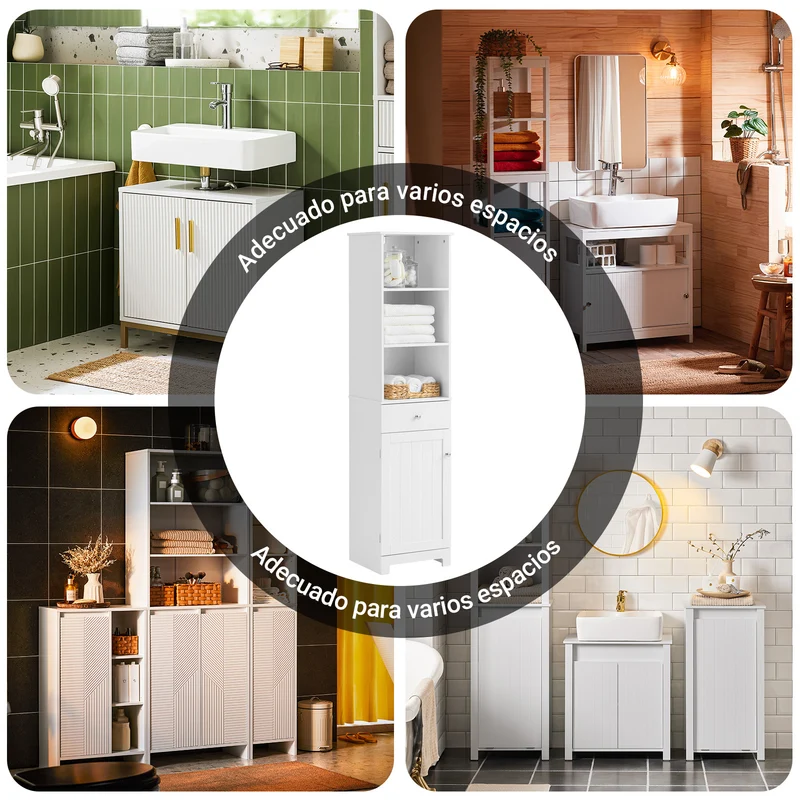 SoBuy BZR17-W Mueble Columna de Baño con 1 puerta y 3 estantes y 1 cajón Blanco