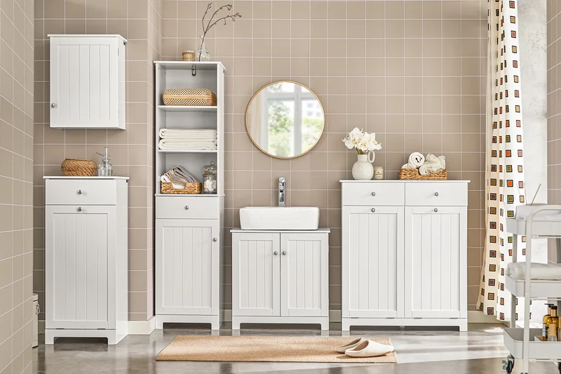 SoBuy BZR17-W Mueble Columna de Baño con 1 puerta y 3 estantes y 1 cajón Blanco