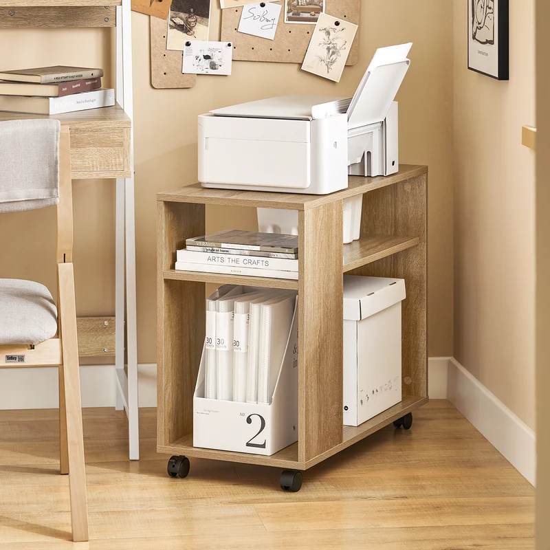 SoBuy FBT34-N Mesa Auxiliares de Salón con 4 Ruedas y 2 Estantes Madera Natural