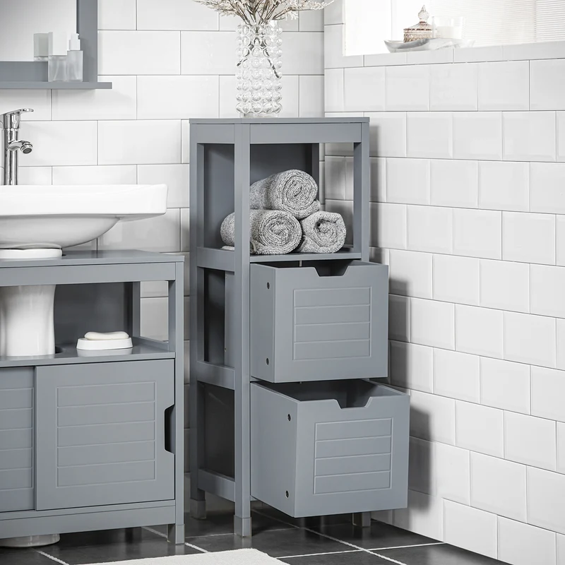 SoBuy FRG127-SG Mueble Columna de Baño con 1 Estante y 2 cajónes Gris