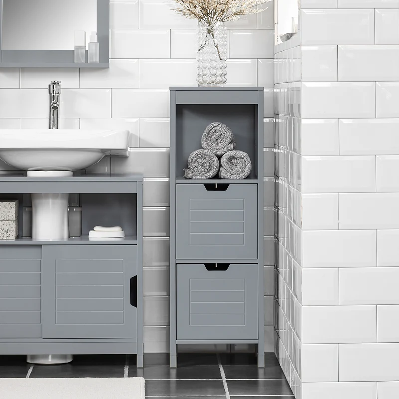 SoBuy FRG127-SG Mueble Columna de Baño con 1 Estante y 2 cajónes Gris