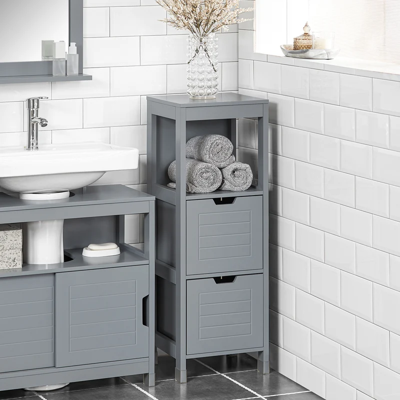 SoBuy FRG127-SG Mueble Columna de Baño con 1 Estante y 2 cajónes Gris