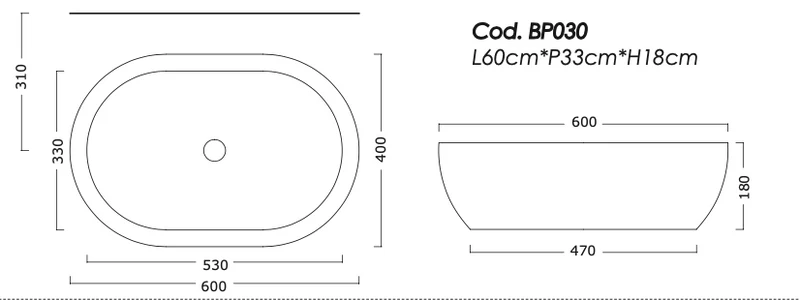 Lavabo Sobreencimera Oval BP030 Cerámica 60cm Altura Media - Balneo Toscia