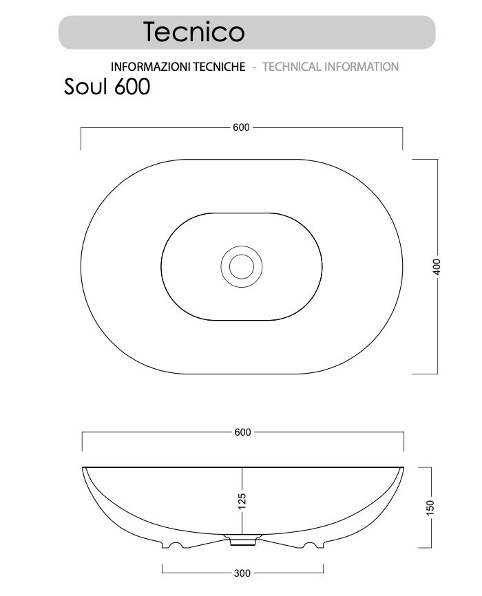 Lavabo Sobreencimera Soul 600 Cerámica Ovalado 60cm - Balneo Toscia