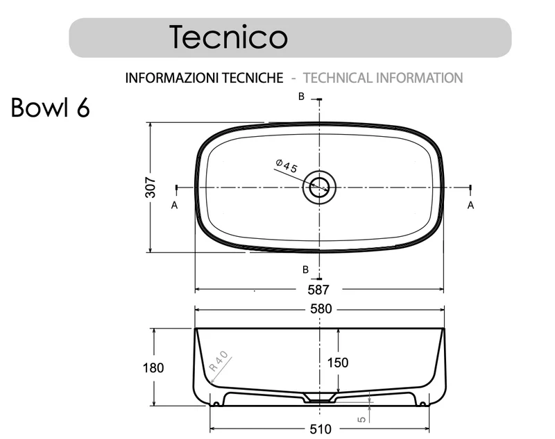 Lavabo Oval Sobreencimera 59cm Bowl 6 Cerámica Blanca - Balneo Toscia