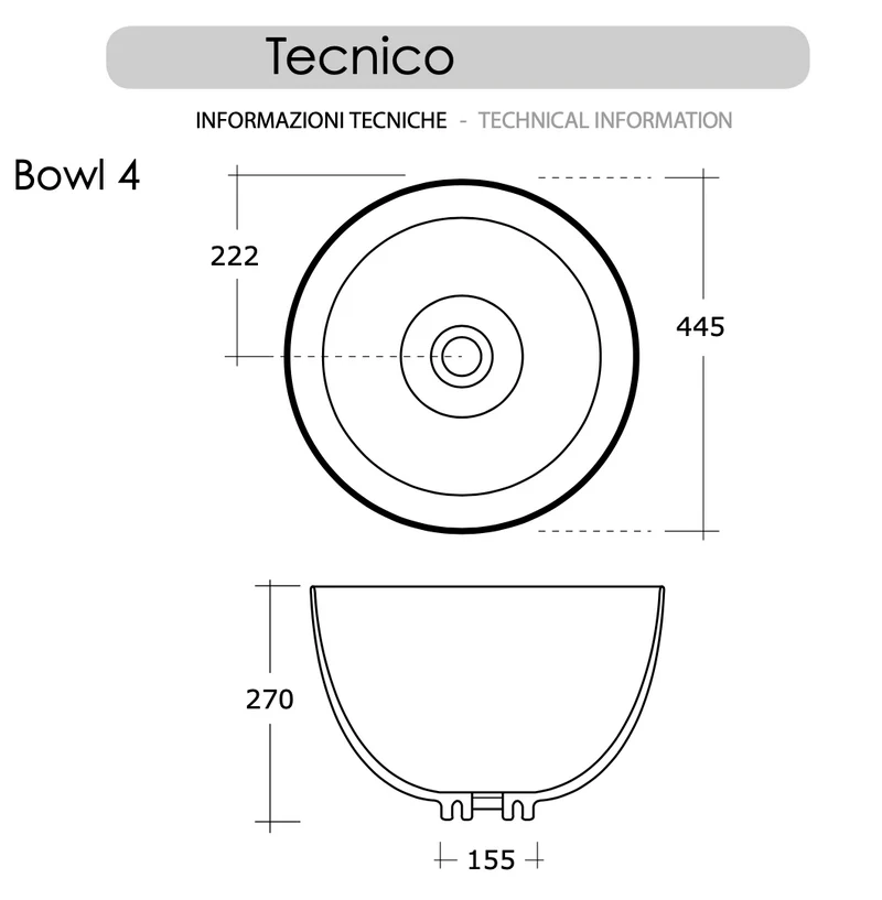 Lavabo Sobreencimera Bowl 4 Cerámica Redondo 44cm Extra Alto - Balneo Toscia