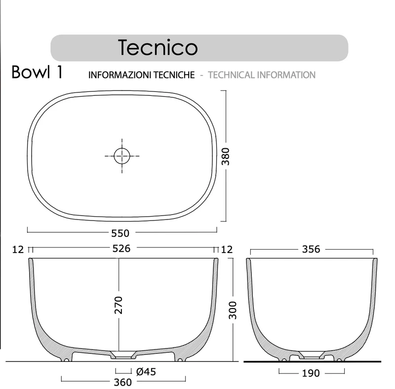 Lavabo Sobreencimera Bowl 1 Cerámica Ovalado 55cm Ultra Alto 30cm - Balneo Toscia