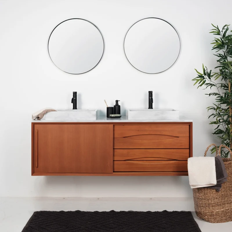 Mueble de baño retro Bill Teca - Mármol Blanco - Lavabo con orificio para grifería