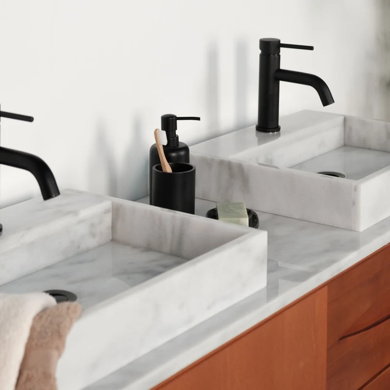 Mueble de baño retro Bill Teca - Mármol Blanco - Lavabo con orificio para grifería