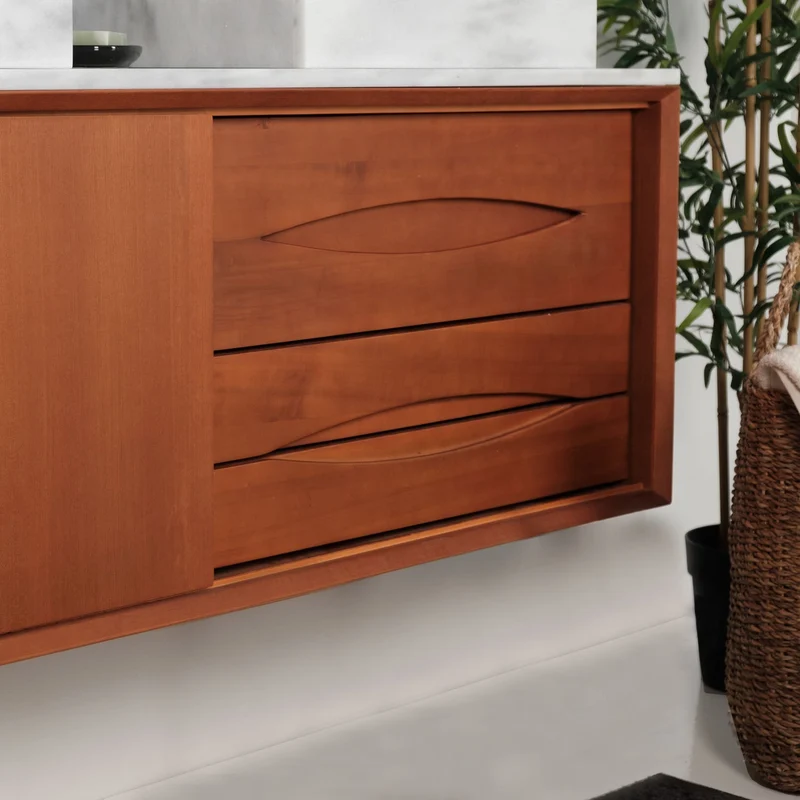 Mueble de baño retro Bill Teca - Mármol Blanco - Lavabo con orificio para grifería