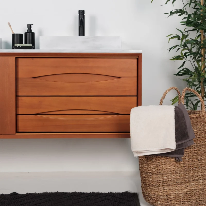 Mueble de baño retro Bill Teca - Mármol Blanco - Lavabo con orificio para grifería