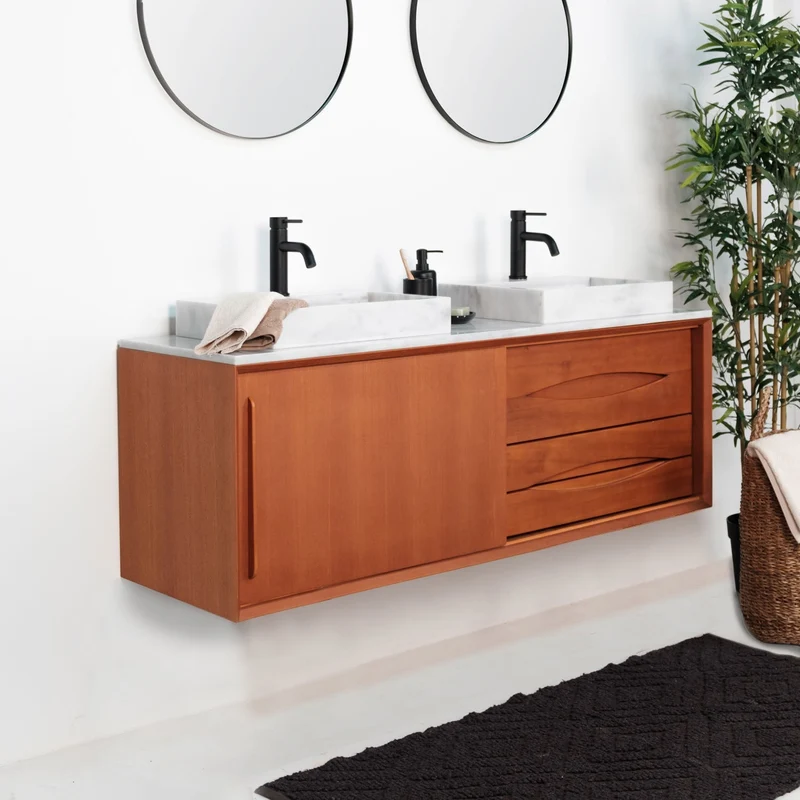 Mueble de baño retro Bill Teca - Mármol Blanco - Lavabo con orificio para grifería