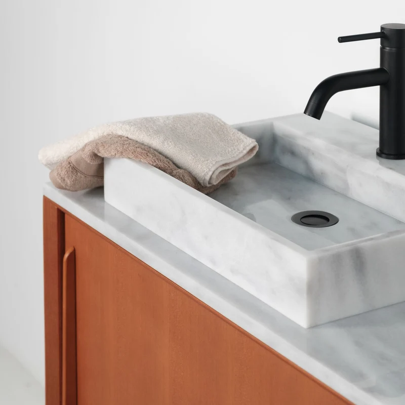 Mueble de baño retro Bill Teca - Mármol Blanco - Lavabo con orificio para grifería