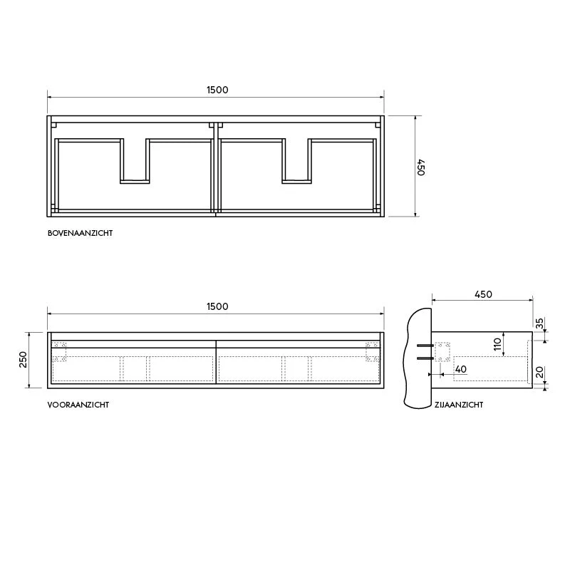 Conjunto de baño Ann short Roble - Lavabo Alexis II - 150 cm - Terrazo
