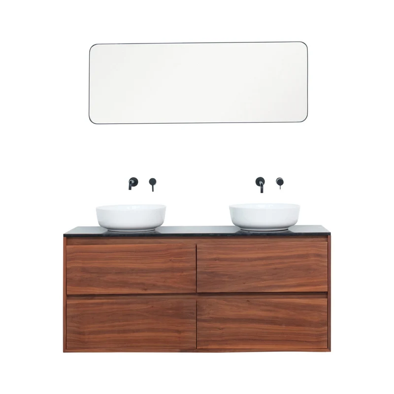 Mobiliario de baño Mármol Negro Ann - Mueble nogal - Lavabo de porcelana Alexis II