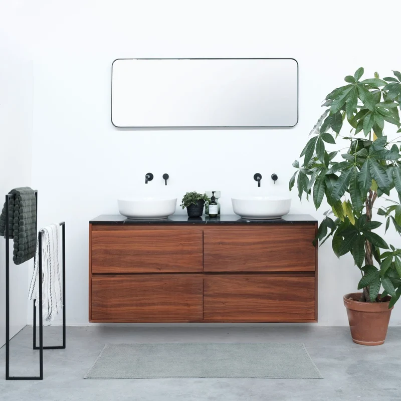 Mobiliario de baño Mármol Negro Ann - Mueble nogal - Lavabo de porcelana Alexis II