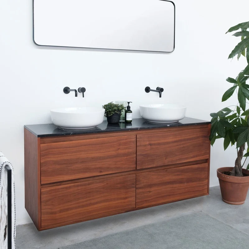 Mobiliario de baño Mármol Negro Ann - Mueble nogal - Lavabo de porcelana Alexis II