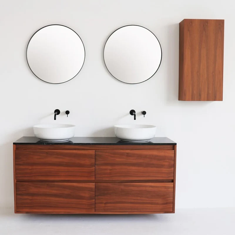 Mobiliario de baño Mármol Negro Ann - Mueble nogal - Lavabo de porcelana Alexis II