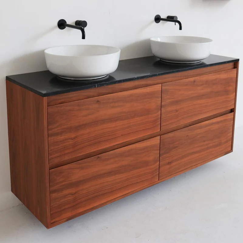 Mobiliario de baño Mármol Negro Ann - Mueble nogal - Lavabo de porcelana Alexis II
