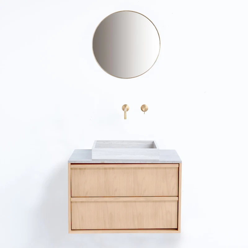 Mueble de baño Fien Roble - Lavabo y plato de lavado de chapa de mármol - 80 cm