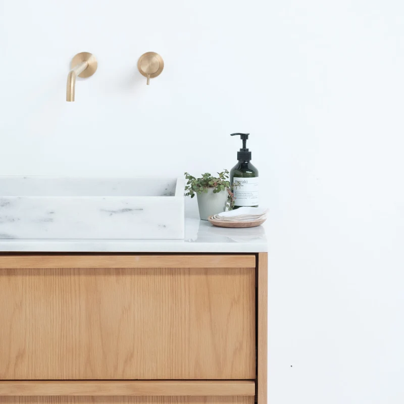 Mueble de baño Fien Roble - Lavabo y plato de lavado de chapa de mármol - 80 cm