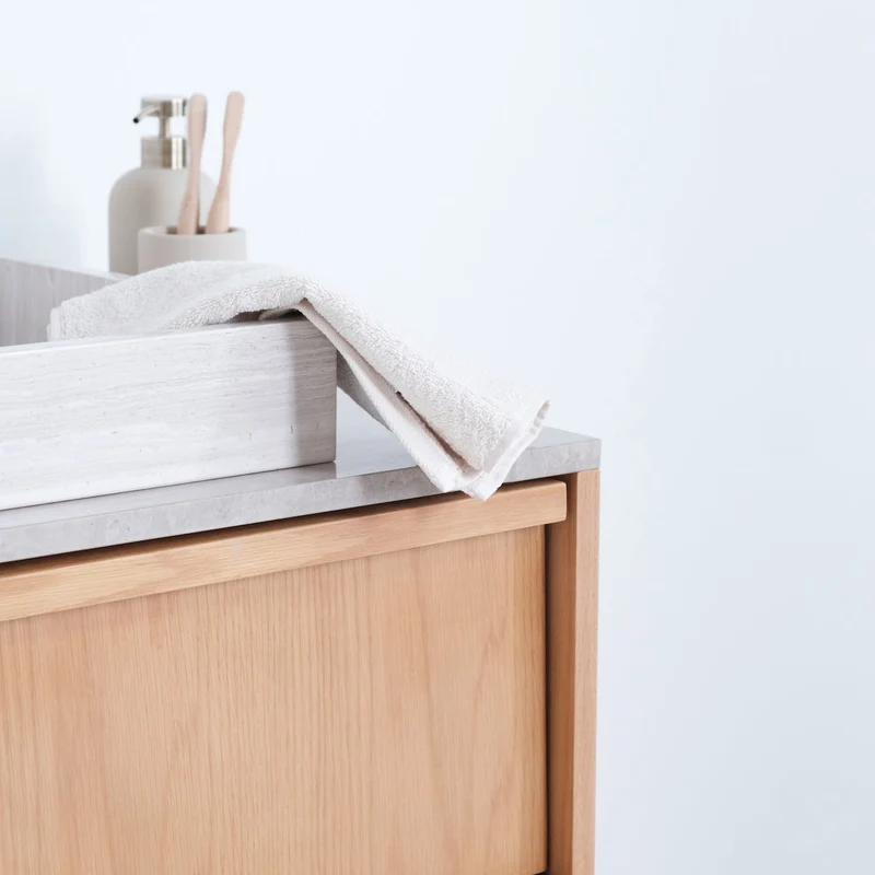 Mueble de baño Fien Roble - Lavabo y plato de lavado de chapa de mármol - 80 cm