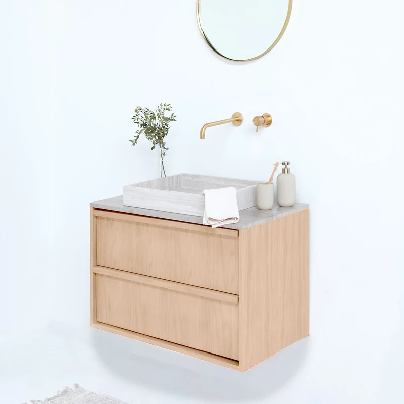 Mueble de baño Fien Roble - Lavabo y plato de lavado de chapa de mármol - 80 cm
