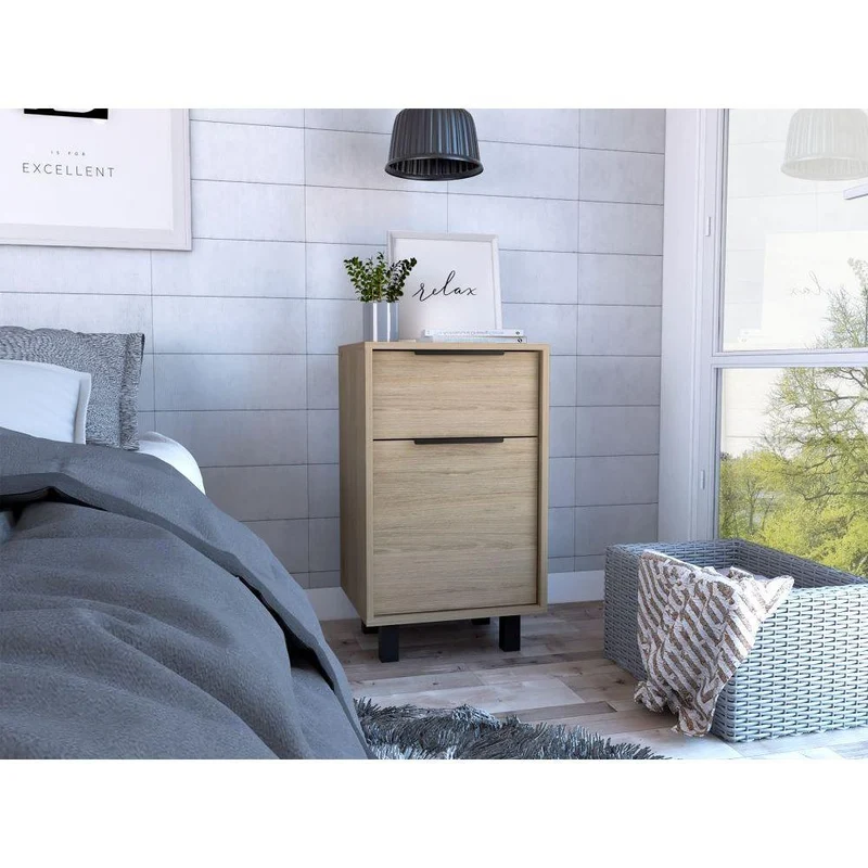 Set de 2 Mesas de Noche Wesley, Beige y Blanco, con una Puerta y un Cajón Organizador