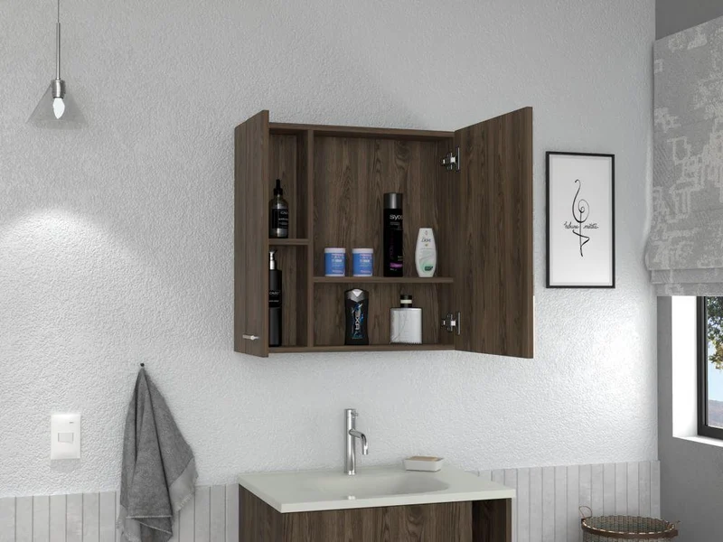 Set de 2 Gabinetes de Baño Apolis, Avellana, con Puerta Espejo y Dos Entrepaños para Ubicar Múltiples Objetos