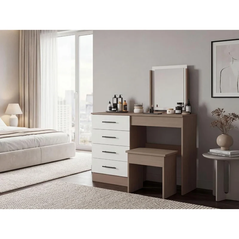Mueble Tocador Wesley, Fresno Europeo y Blanco, Cuatro Cajones para Ubicar Maquillaje
