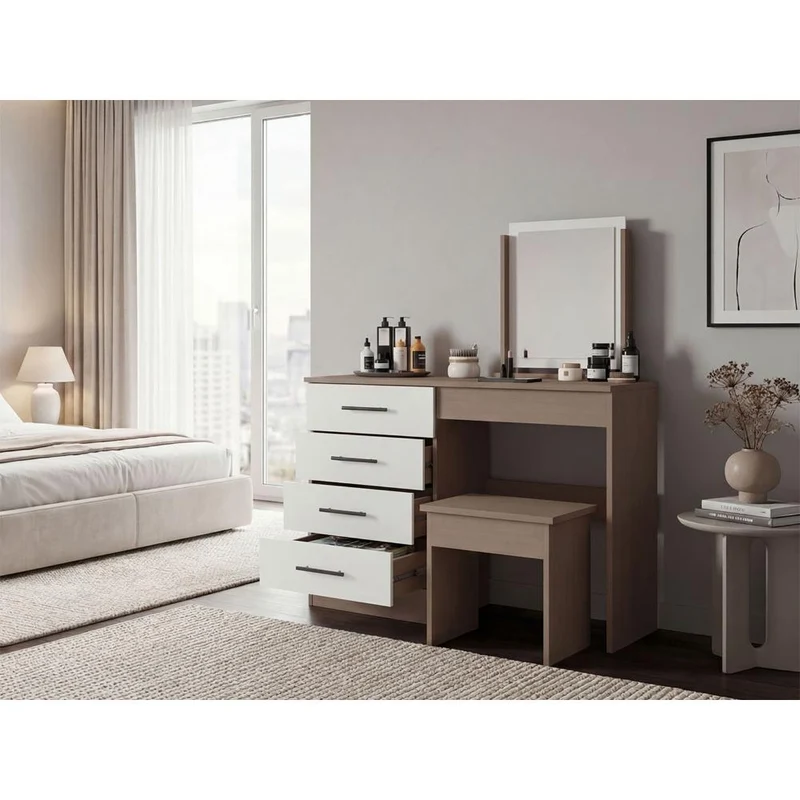 Mueble Tocador Wesley, Fresno Europeo y Blanco, Cuatro Cajones para Ubicar Maquillaje