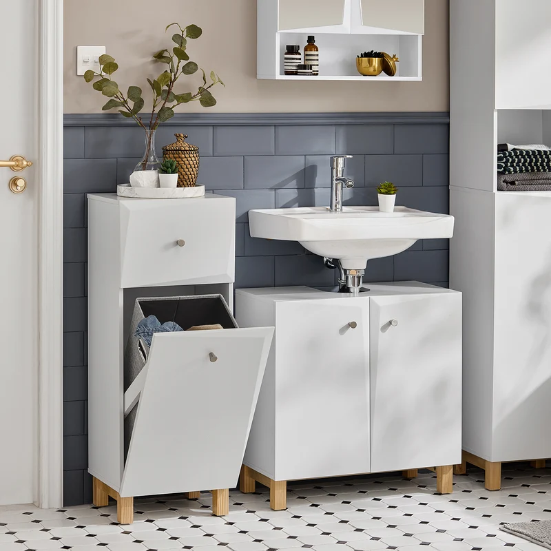 SoBuy BZR93-W Mueble para Ropa Sucia con 1 Cesto y 1 Cajón 34 x 30 x 90 cm