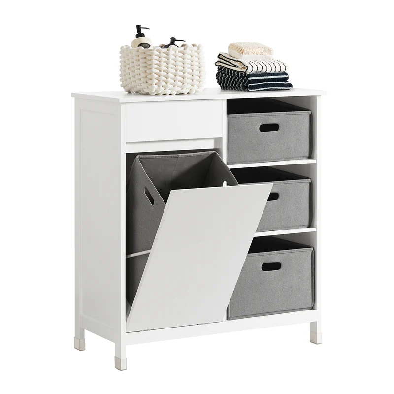 SoBuy BZR77-W Mueble para Ropa Sucia con 1 Cesto y 1 Cajón 3 Cestos