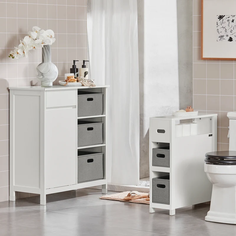 SoBuy BZR77-W Mueble para Ropa Sucia con 1 Cesto y 1 Cajón 3 Cestos