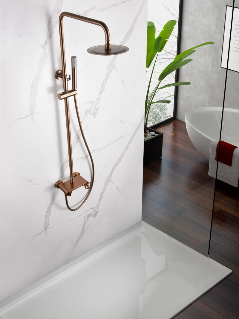 Columna de Ducha Oro Rosa Cepillado Olimpo - Imex | Barra Ducha Premium