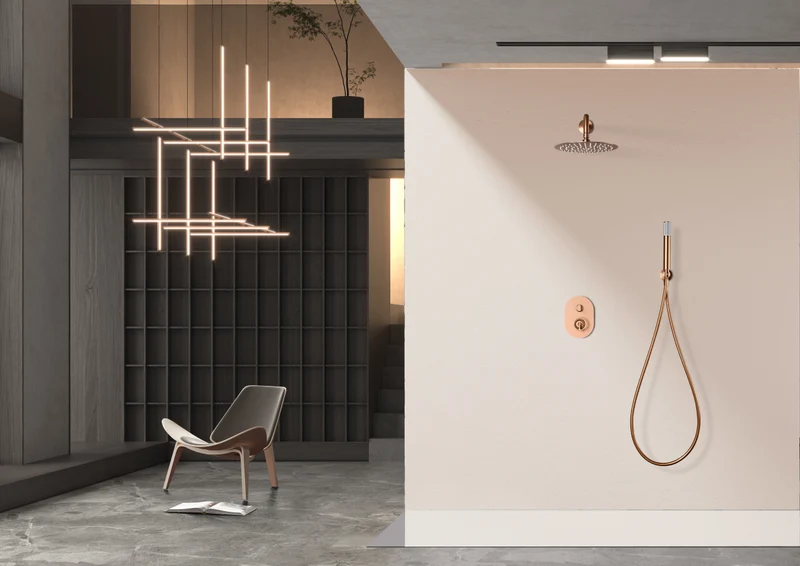 Conjunto Ducha Empotrada Oro Rosa Cepillado Olimpo - Imex | Diseño Premium