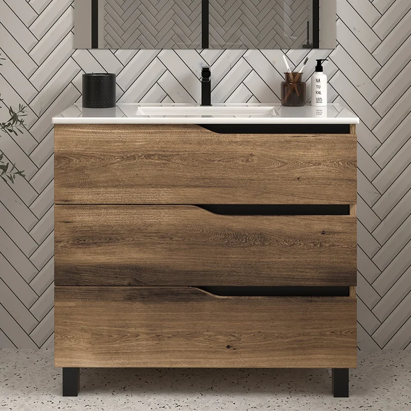 Meuble sous vasque seul, 3 tiroirs, 90cm, pour simple vasque - MATA