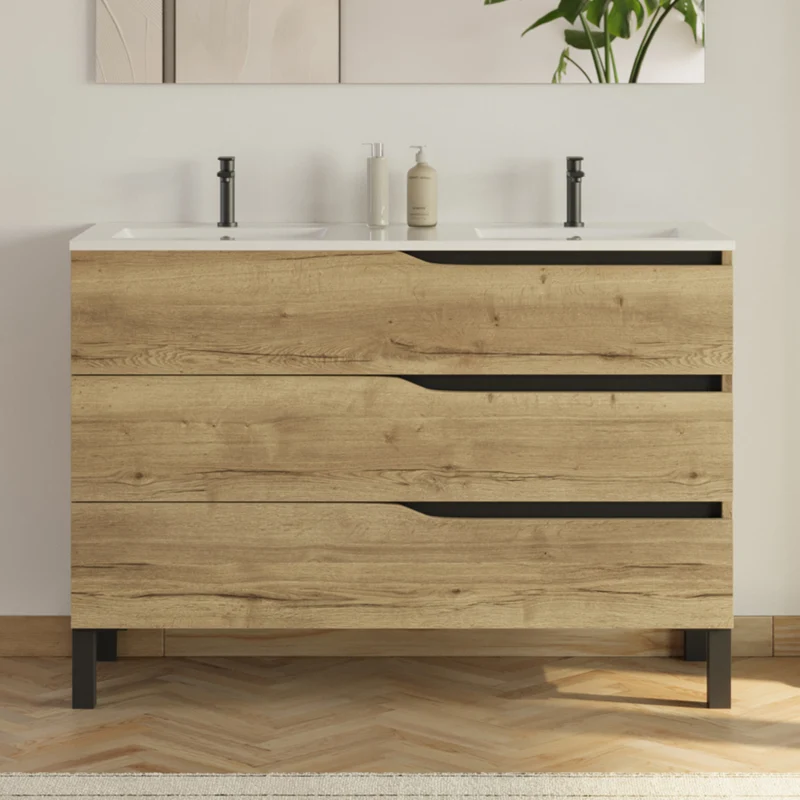 Meuble de salle de bain 120cm avec plan double vasque - 3 tiroirs - MATA