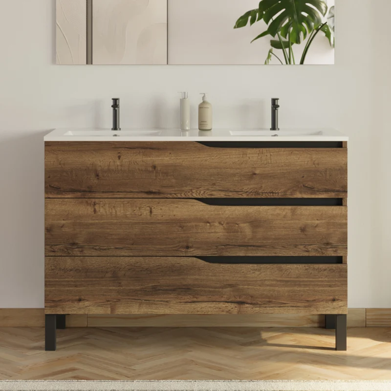 Meuble de salle de bain 120cm avec plan double vasque - 3 tiroirs - MATA